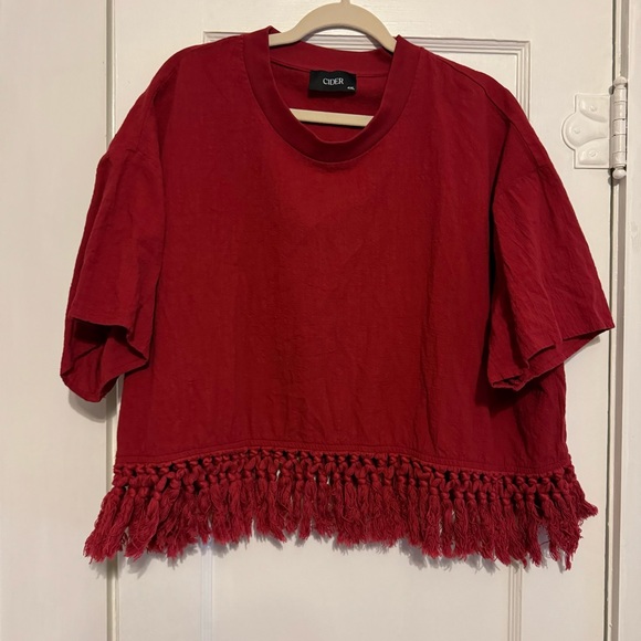 Cider Tops - Cider Solid Round Neckline Tassel Boho Short Sleeve Top Curve In Wine Size 4X